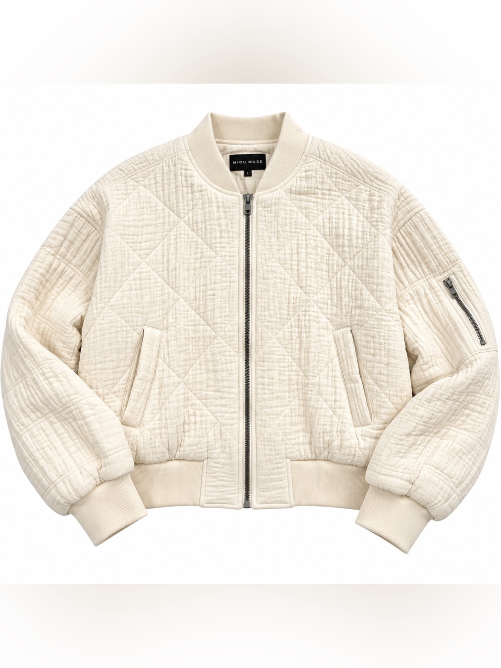 EUC Miou Muse Quilted Cotton Gauze Bomber Jacket Ivory Cream Size L J719